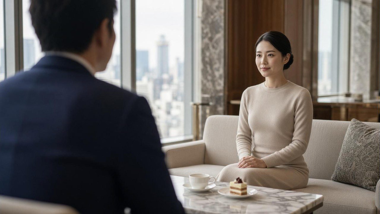 ๋์ฟ ์ํฐํธํ
๋ผ์ด์ง์์ ์ค๋ฏธ์์ด ์ค์ธ 20๋ ํ๋ฐ ์ผ๋ณธ ์ฌ์ฑ, ํ
์ด๋ธ ๊ฑด๋ํธ ๋จ์ฑ์ ์ด๊นจ ๋๋จธ๋ก ๋ณธ ์ฅ๋ฉด
