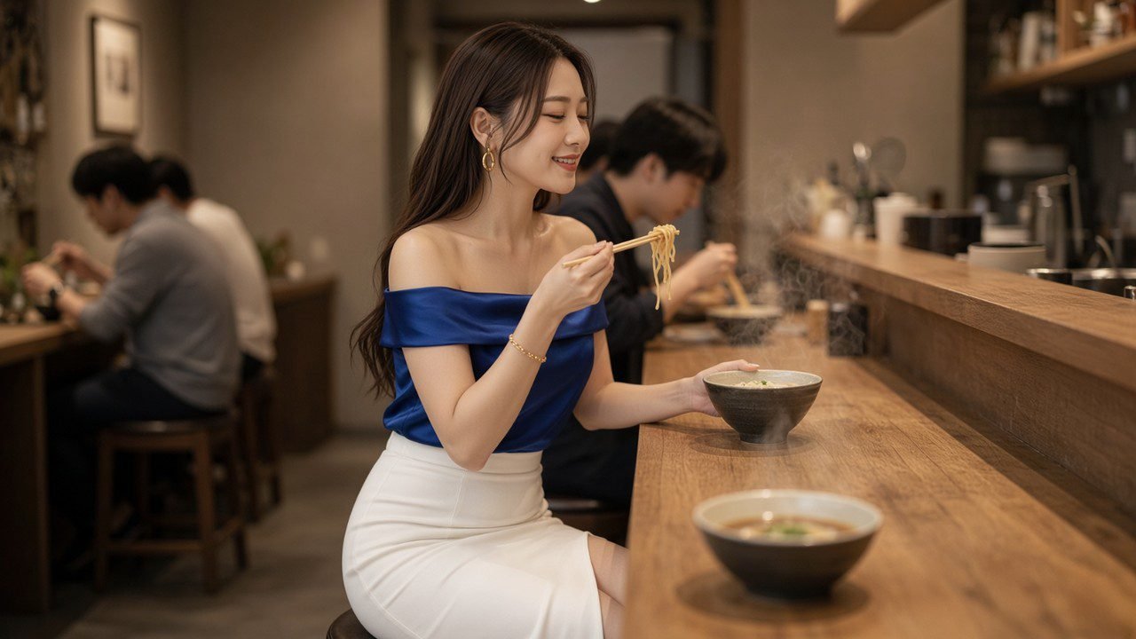호텔 야식 라멘을 후루룩 먹는 일본 여성의 옆모습