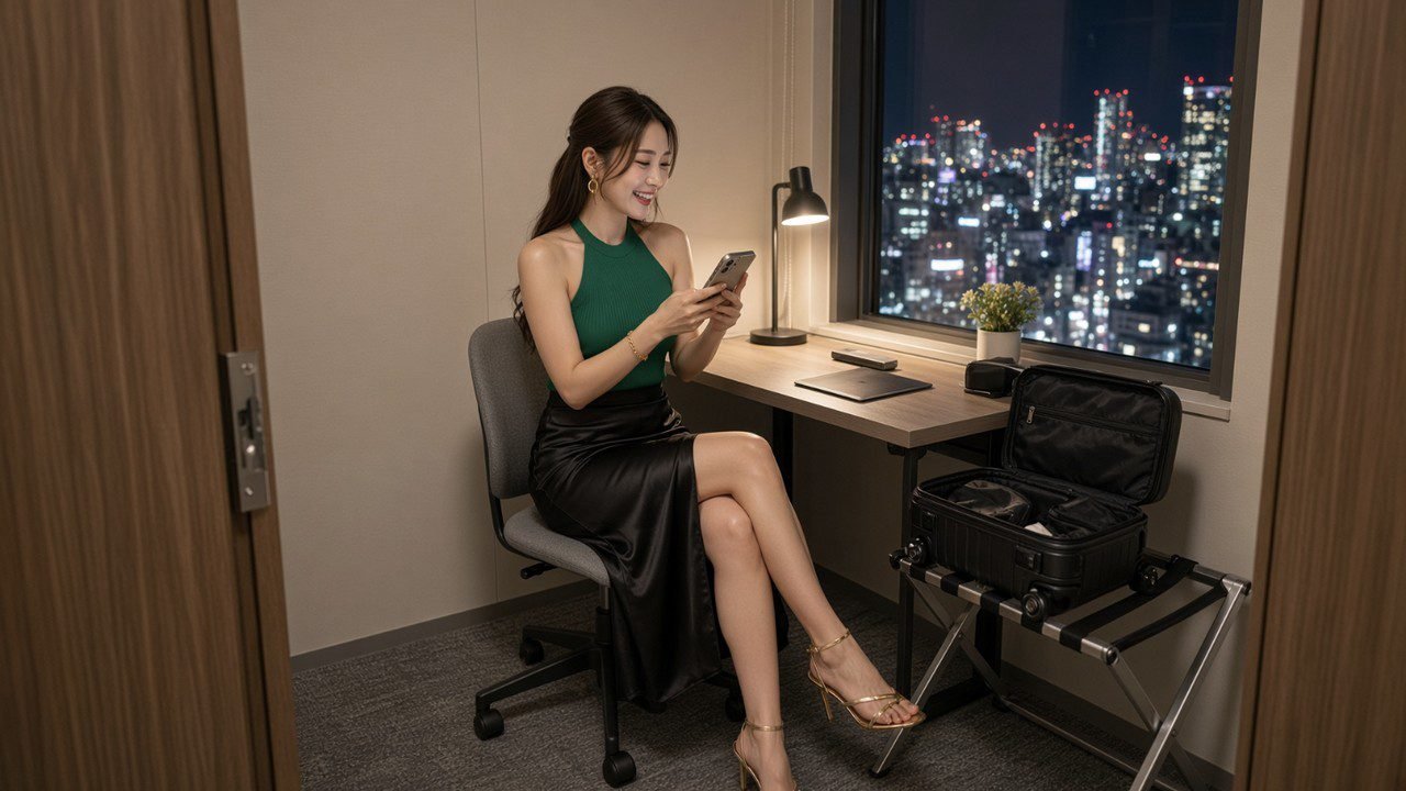 도쿄 야경이 보이는 객실 창가 책상에서 휴대폰으로 예약을 확인하는 일본 여성