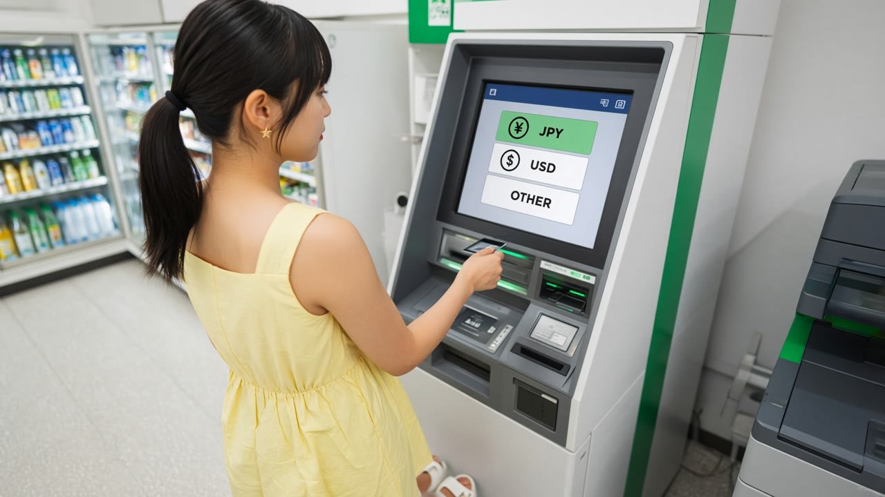 세븐일레븐 세븐은행 ATM에서 해외 카드로 엔화를 뽑는 여성 — 화면의 JPY 선택