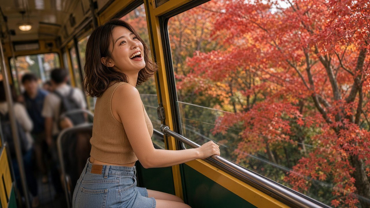 다카오산 단풍 사이를 지나는 차창 옆에 앉은 여성